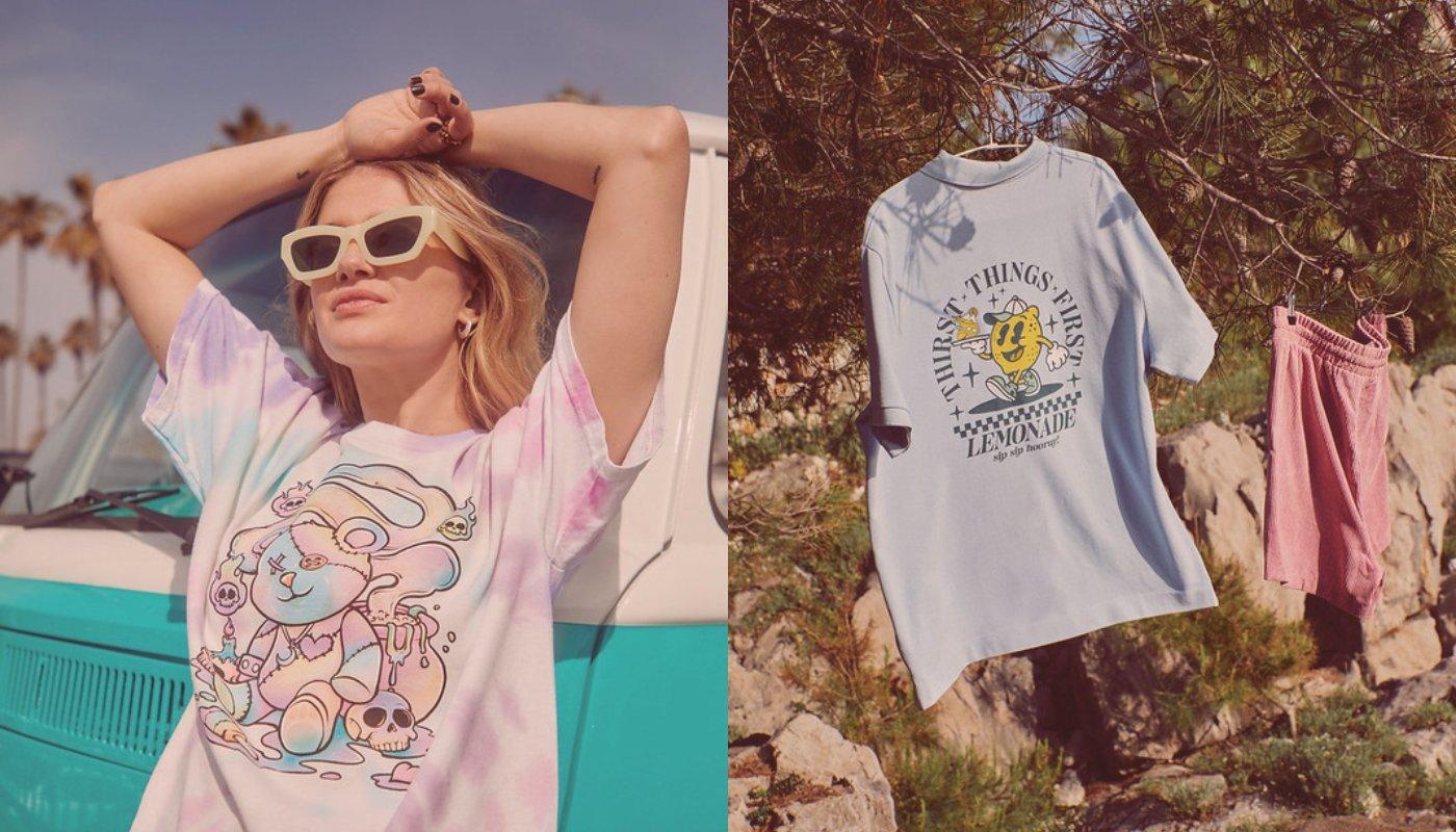 model in graphic tie dye t-shirt and oversized t-shirt merch